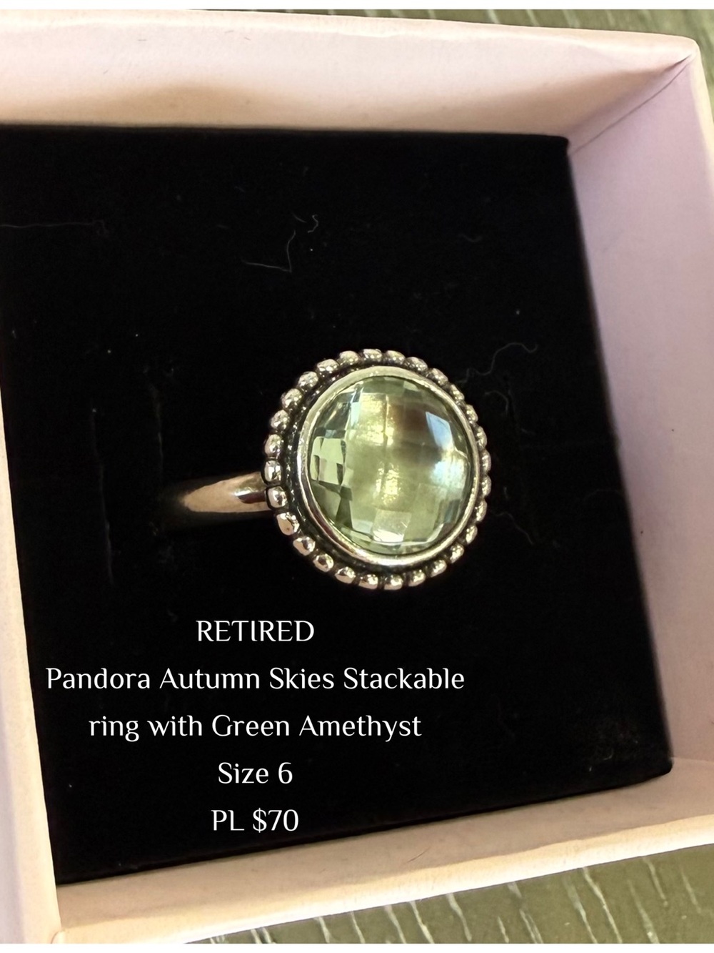 Authentic RETIRED Pandora Green Amethyst Halo Ring - Silver
